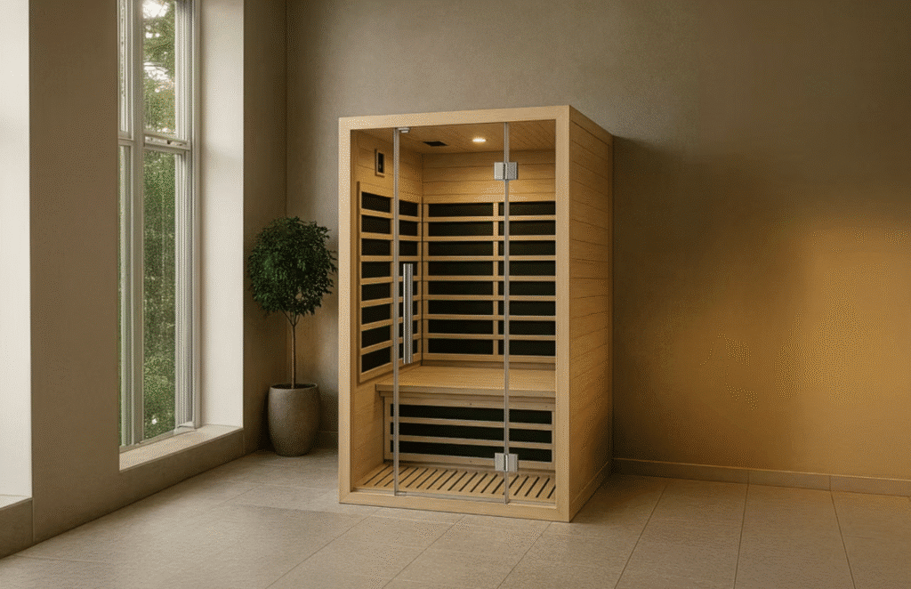 Fiera infrared sauna with modern design, featuring full-glass front, Canadian Hemlock construction, and ambient LED lighting, ideal for personal wellness and relaxation.