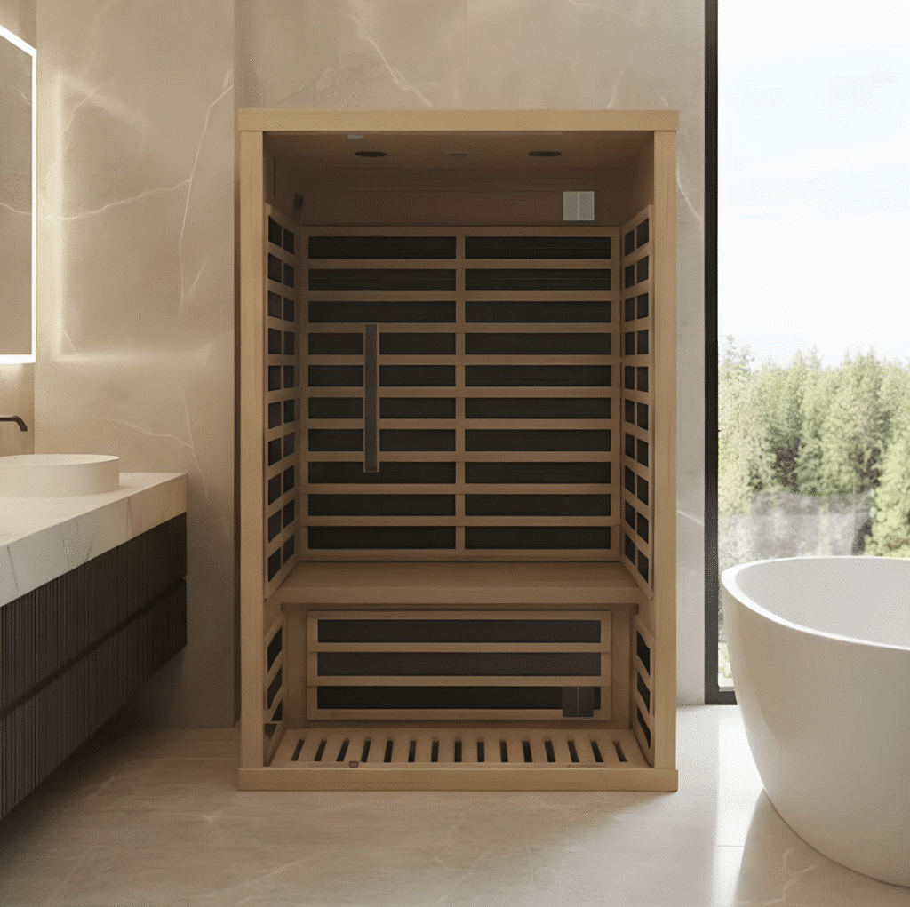 Fiera infrared sauna featuring a modern design with wooden slats, spacious interior for up to 1 person, and a full-glass front, set in a stylish bathroom environment.