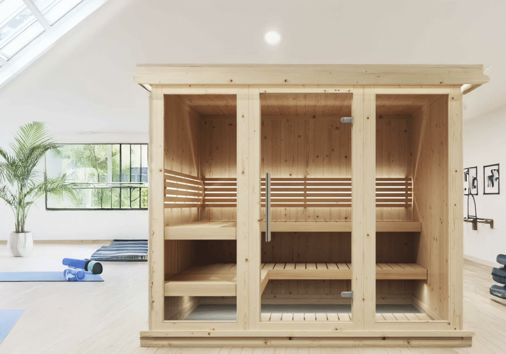 Premium wooden sauna in modern wellness space, featuring sleek design and natural materials, ideal for relaxation and health benefits.
